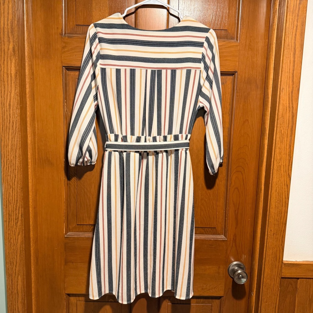 Monteau Los Angeles Striped Wrap Dress Navy Orange Cream V-Neck Pockets Large - Picture 3 of 16